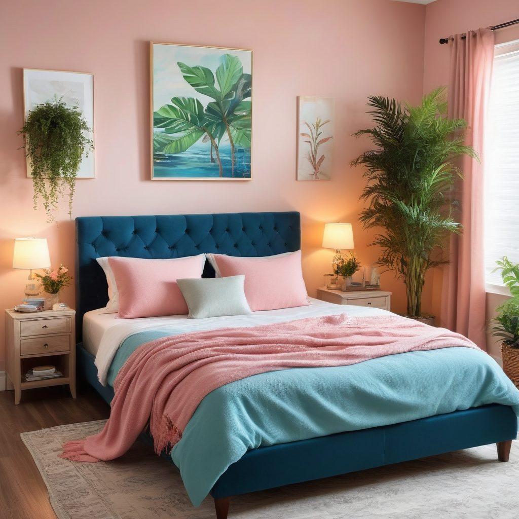 A tranquil bedroom featuring a luxurious waterbed surrounded by soft, cozy blankets and plush pillows, with gentle ambient lighting giving a warm glow. Decorate the space with lush plants and calming art pieces, creating an inviting and serene atmosphere. Include a bedside table with a stack of love-themed books and a scented candle. Emphasize soft colors like pastel blues and pinks to enhance comfort and relaxation. super-realistic. vibrant colors. warm ambiance.