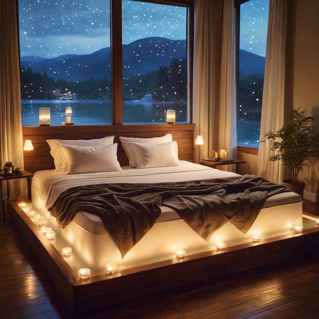 A serene bedroom scene featuring a luxurious waterbed with soft, flowing water visible beneath a translucent mattress. Soft ambient lighting creates a calming atmosphere, while fluffy pillows and cozy blankets invite relaxation. A peaceful night sky can be seen through a large window, with twinkling stars reflecting on the water surface. Add elements like a steaming mug of herbal tea on a bedside table and gentle ripples in the water for added tranquility. super-realistic. warm color palette. cozy atmosphere.