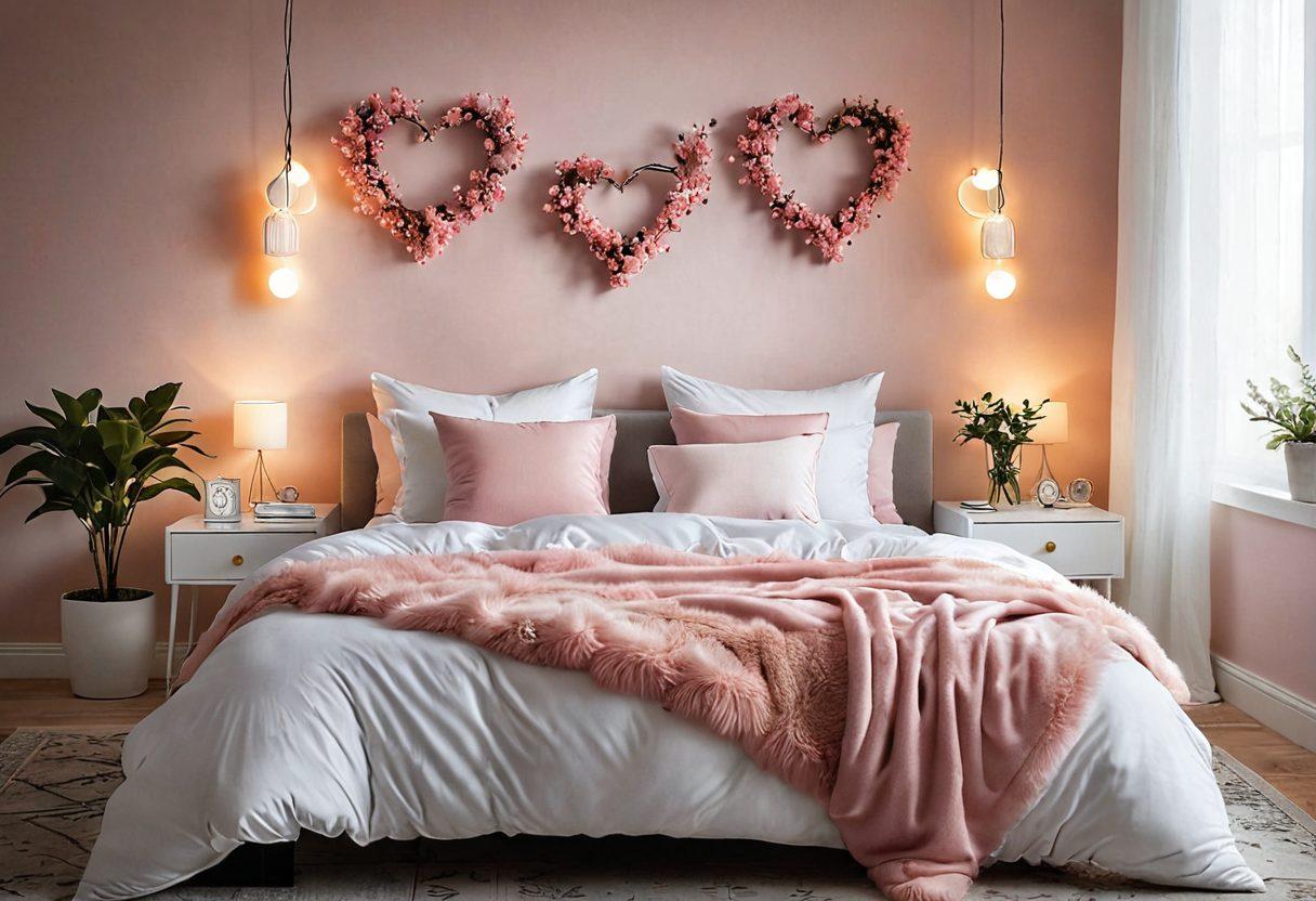 A beautifully designed bedroom featuring a cozy bed with soft, fluffy pillows, warm lighting, and love-themed decor elements like heart-shaped cushions and romantic artwork. Include a serene color palette of soft pinks and whites, with a steaming cup of tea on a bedside table, and gentle plants in the background. The atmosphere should evoke warmth and tranquility, ideal for a love-inspired sleep sanctuary. super-realistic. warm colors. soft focus.